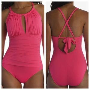 La Blanca Women's Pink Island Goddess Mio High-Neck One-Piece Swimsuit Size 16